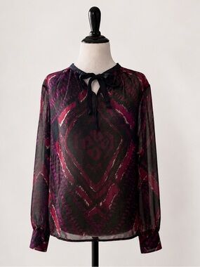 ADAM LIPPES 100% silk sheer abstract print long sleeve blouse size large